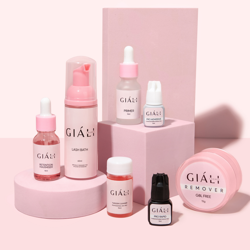 A pastel pink display showcasing Giali Lash products