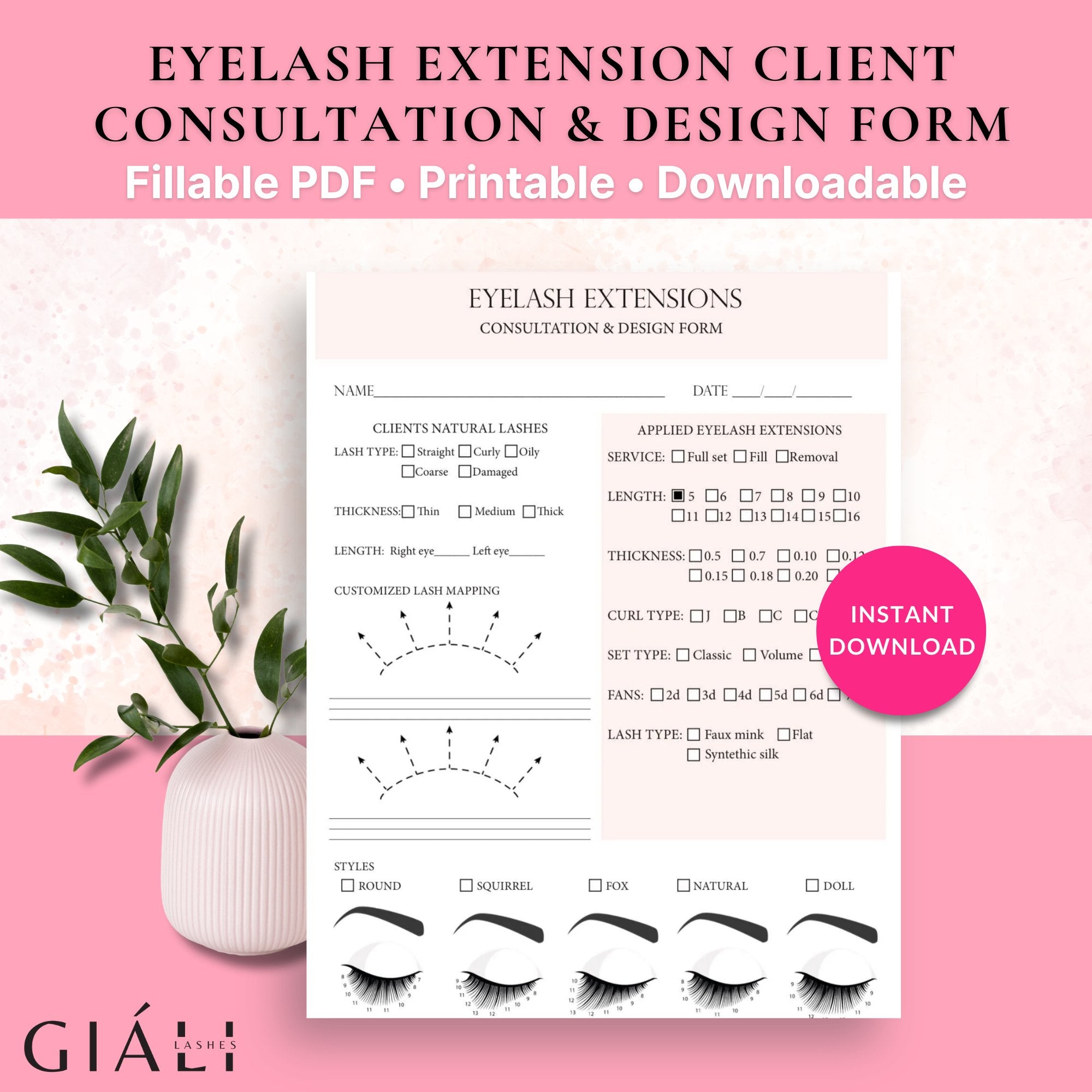 Eyelash Extension Client Consultation & Lash Design Downloadable & Printable PDF Form - Giali Lashes