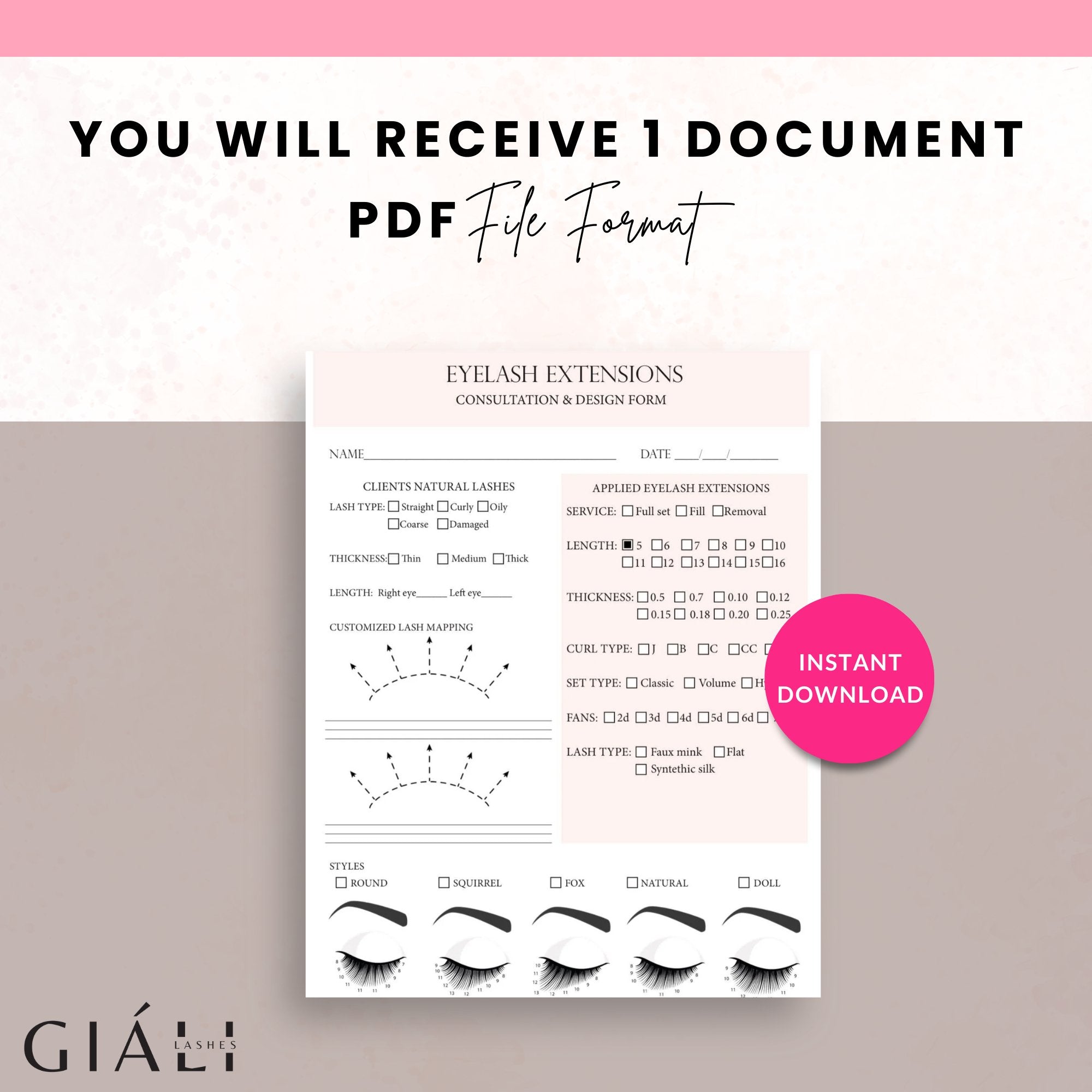 Eyelash Extension Client Consultation & Lash Design Downloadable & Printable PDF Form - Giali Lashes