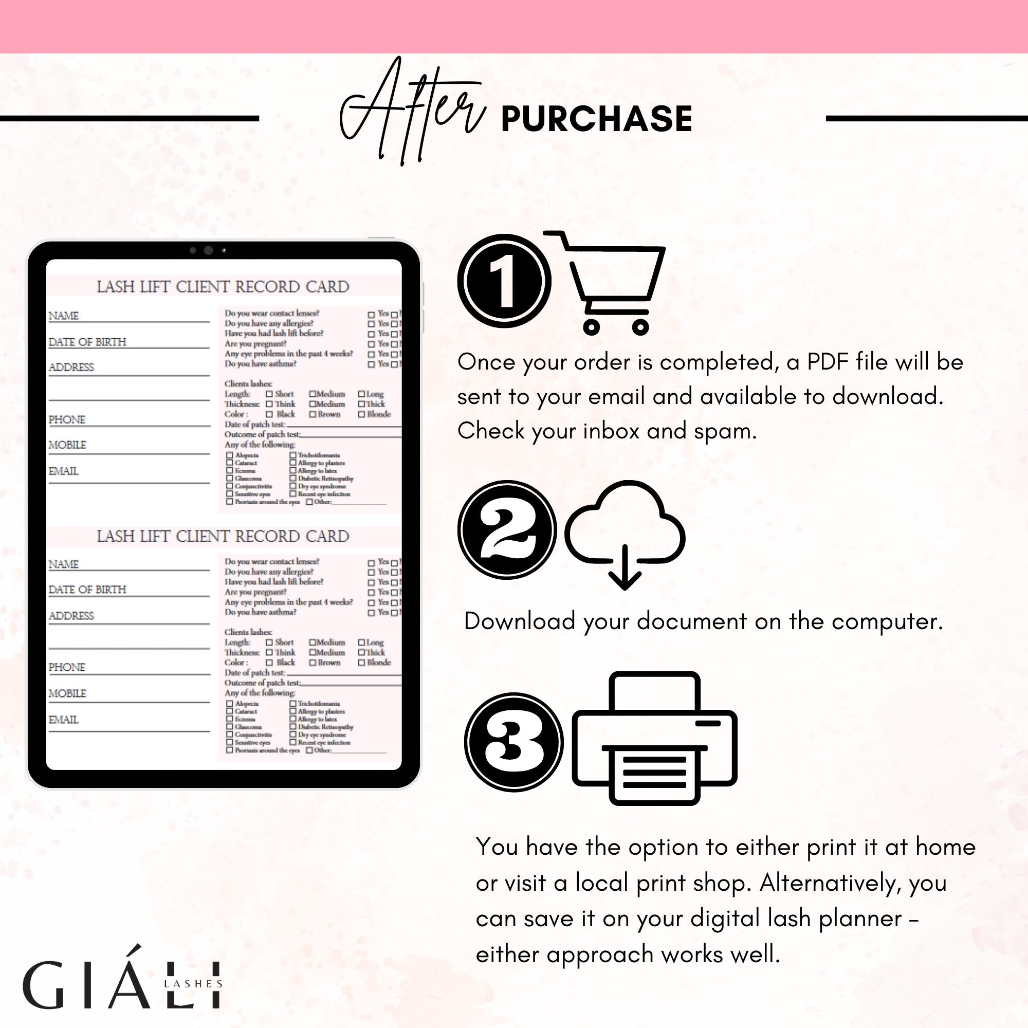 Lash Lift Record Card & Liability Waiver Consent Form Downloadable Printable PDF - Giali Lashes
