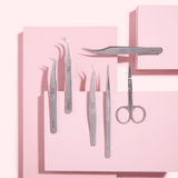 Vetus Stainless Steel Tweezers & Scissor Set Of 6 With Pink Acrylic Tweezer Stand