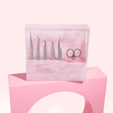 Vetus Stainless Steel Tweezers & Scissor Set Of 6 With Pink Acrylic Tweezer Stand